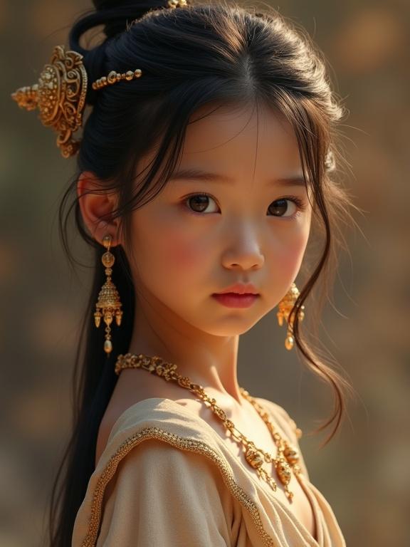 A young beautiful girl wears traditional clothing with gold jewelry. She has long hair styled elegantly and a warm expression.
