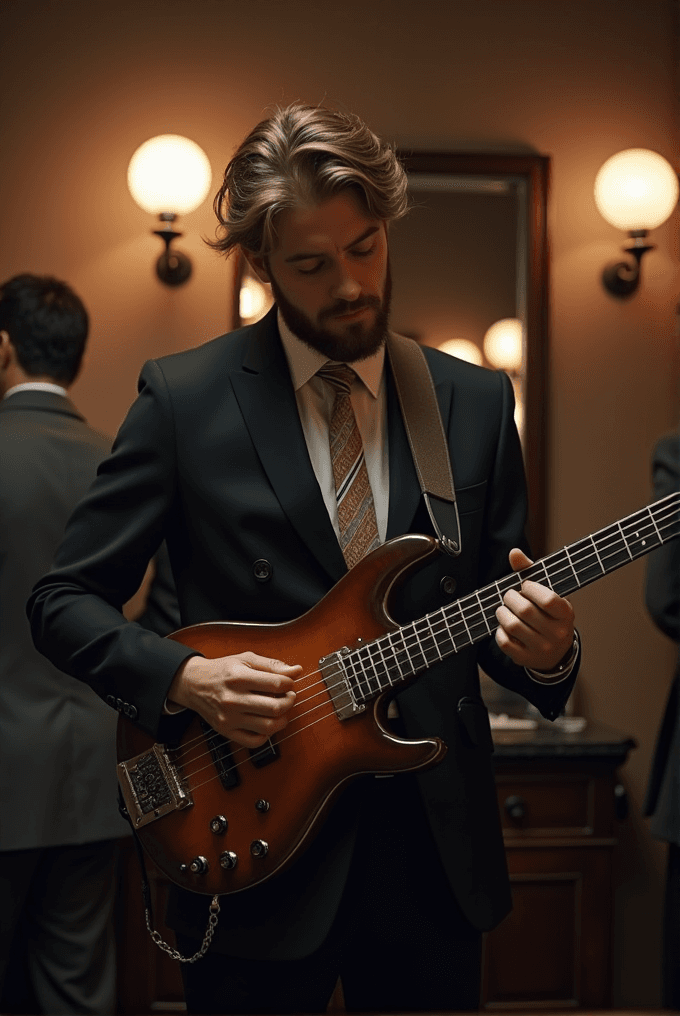 A bearded man in a suit plays an electric guitar under warm, stylish lighting in a suave setting with a decorative mirror and wall sconces.