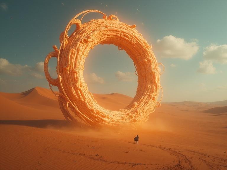 A large glowing ring structure in a desert environment where a person is riding a horse in the background.