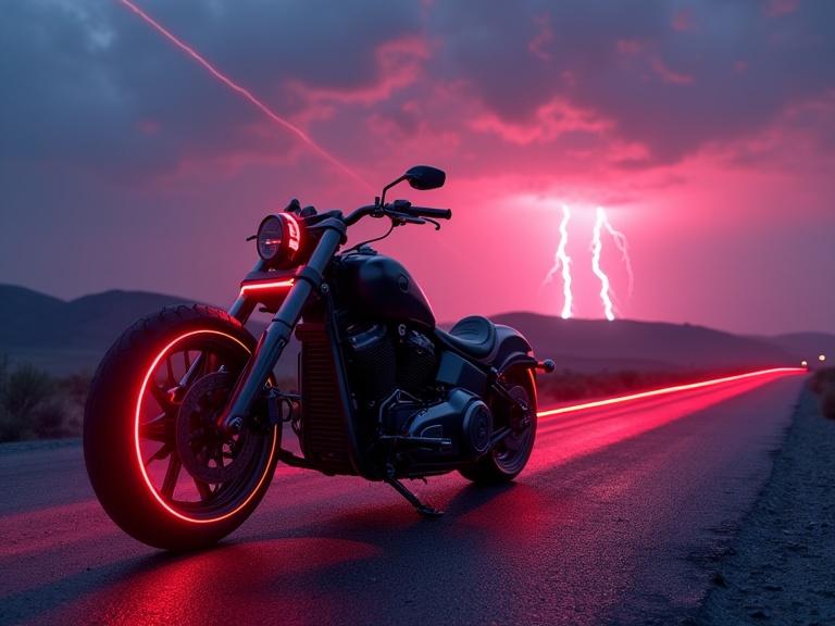 Futuristic black Chopper motorbike parked on an abandoned road in a desert. Night scene with deep blue and vibrant red light skies. Long laser light trail effect behind the motorbike. Lightning in the background, strobe laser light-beam from front. Fog and rain for a moody atmosphere.