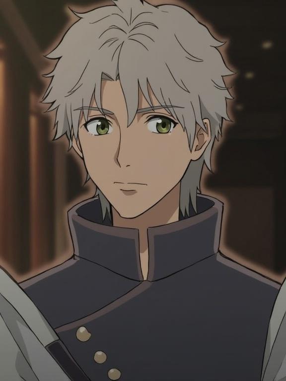 Anime character stands with a calm expression. Light hair with a stylish cut. Wearing a dark high-collared outfit. Background slightly blurred. Scene from anime series.