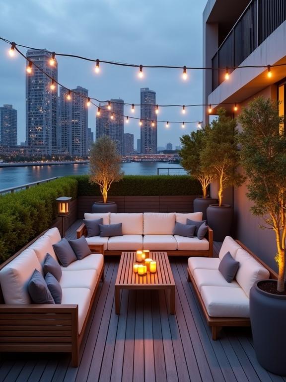Rooftop terrace at dusk with modern furniture and city view. Inviting atmosphere with string lights and candles. Perfect for relaxation and socializing.
