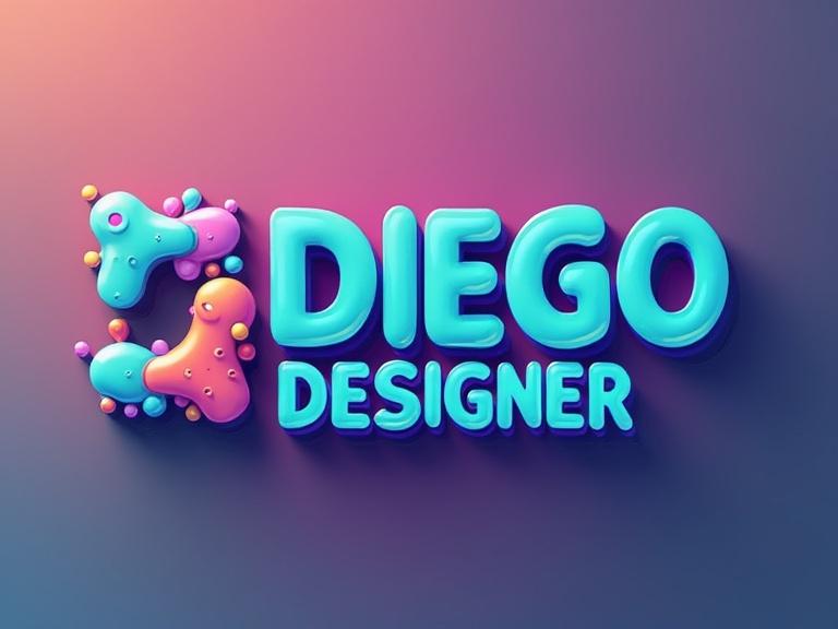Create a 3D logo featuring the name 'Diego Designer' in vibrant colors. Include abstract shapes around the text to enhance creativity.