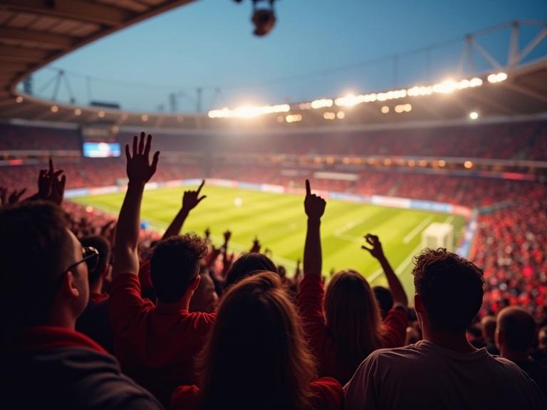 Thousands of fans cheering passionately at an exciting football game. Bright stadium lights illuminate the field. Enthusiastic atmosphere among the spectators.