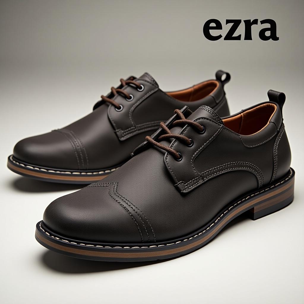 Casual shoe designed for men. The color is black with a sleek design. The name 'ezra' is subtly placed inside the shoe. The shoe has a polished look with detailed stitching.