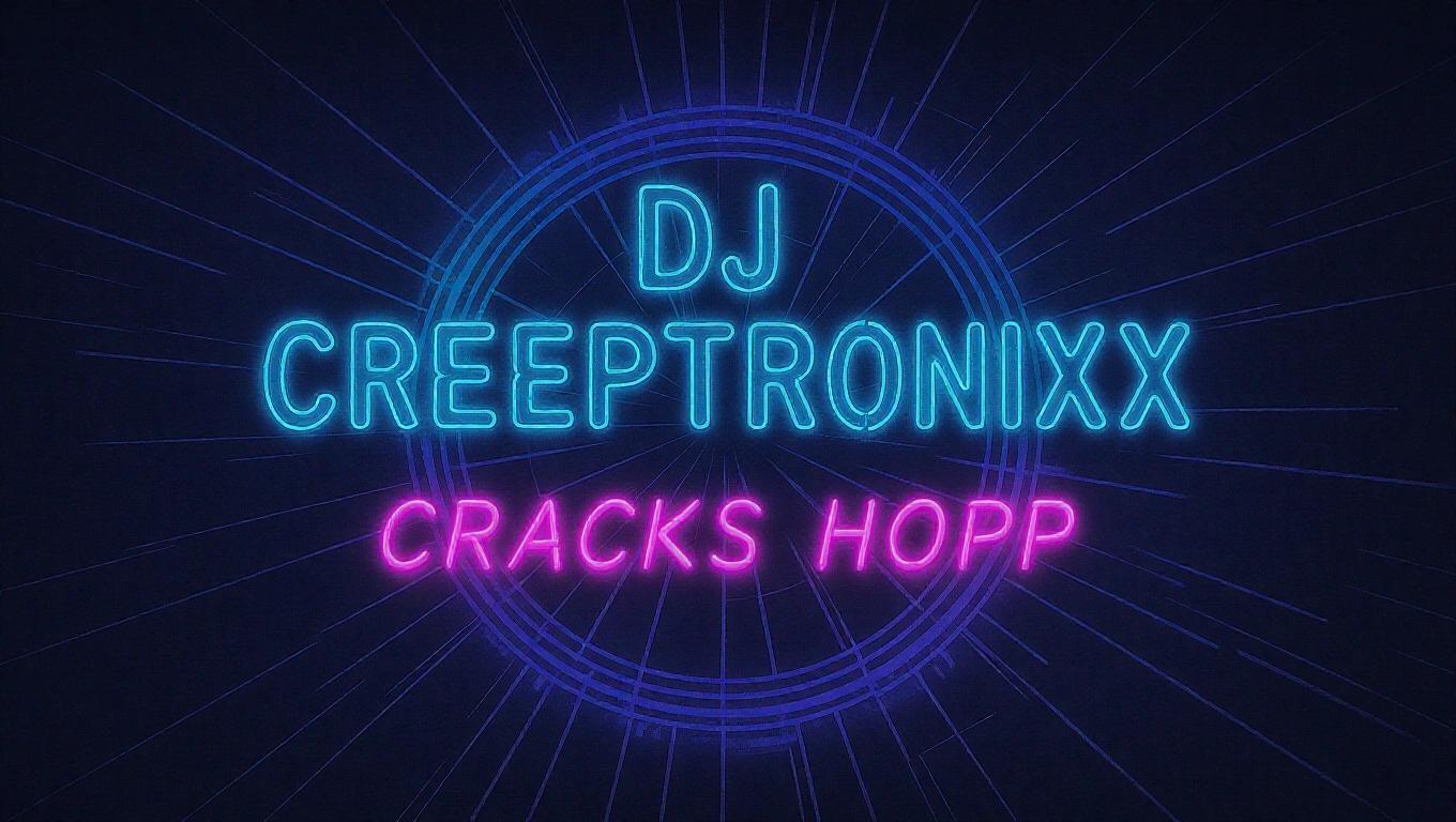 Dark artistic neon tech hip hop album cover featuring text DJ Creeptronixx Cracks. Text in cool writing with vibrant neon colors.
