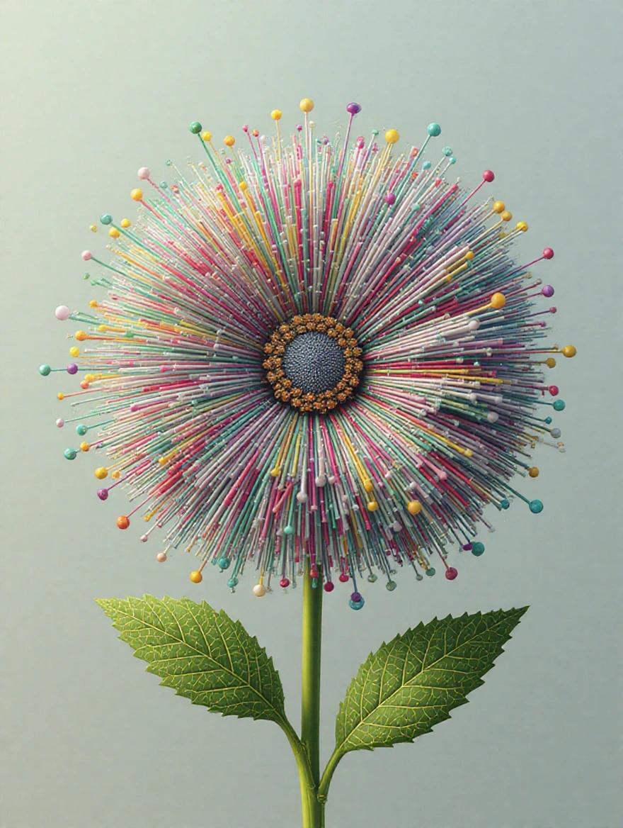 Flower design made of colorful static elements with a prominent center and green leaves.