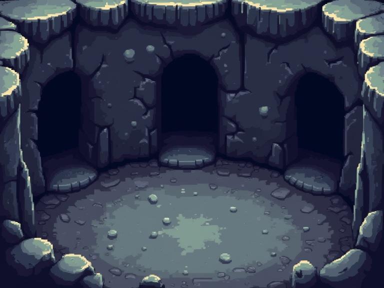 Pixel art scene depicting a 2D cave. Three dark entrances are visible. The cave has walls made of stone. The floor is flat with scattered rocks. No hole at the center is present. A top view gives a clear layout of paths.