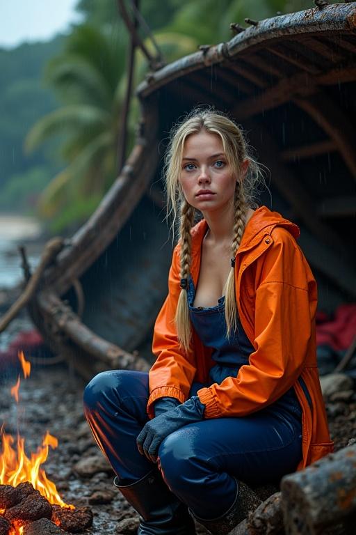 Exterior view of a wrecked fishing boat on a tropical beach. Attractive young woman with long blonde hair in pigtails. Dressed in orange raincoat, navy latex dungarees and waders. Sitting by a campfire. Clothes, hair and skin soaked from rain.