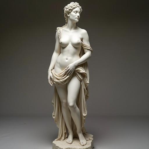 A lifelike sculpture representing Aphrodite crafted from synthetic materials that closely resemble human skin. Fully painted with flowing toga draped elegantly over her form, showcasing silk-like fabric and graceful posture.