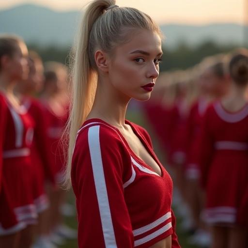 Angled portrait of an attractive young woman with blonde hair and warm smile. Wearing a tiny red cheerleader sweater and low-rise miniskirt. Evening lighting creates a romantic atmosphere. Rows of identical women in the background.