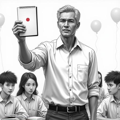 Highly detailed pencil sketch of a composed man standing in front of a classroom. He shows a notebook with a red dot to students. The students appear serious and contemplative. Classroom has faint celebratory decorations. Man in a white shirt and dark trousers. The composition follows the rule of thirds. Medium shot allows expressions to be visible. Chiaroscuro lighting enhances intensity.