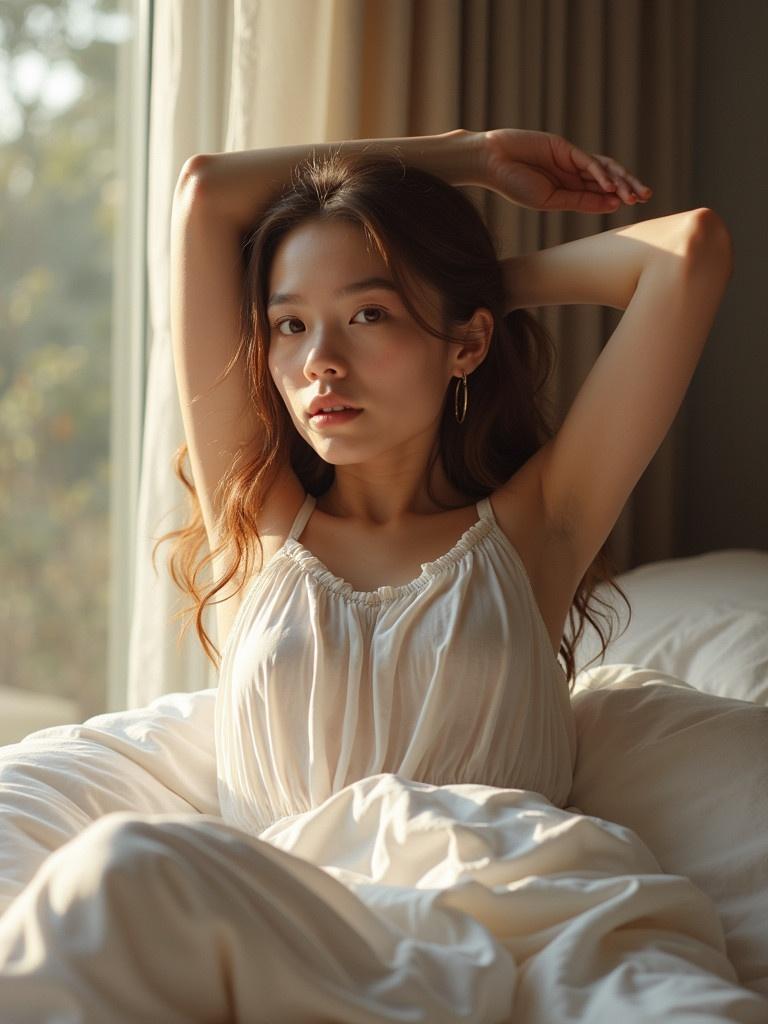 A person in a white dress stretching in bed during the morning. Soft natural light filters through. The scene conveys calmness and beauty.