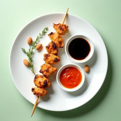 Minimalist food scene with a white plate. One skewer with evenly cut grilled chicken pieces. Chicken has grill marks and golden brown color. Two small dipping bowls with teriyaki sauce and sweet sour sauce. Garnished with thyme and whole almonds. Soft light green background. Sharp detail in a top-down view.