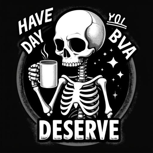 A bold cartoonish skeleton holds a coffee mug. The text reads Have the Day You Deserve. The font is distressed and retro-style. The design includes a grunge texture. The skeleton features are exaggerated for humor. The style is suitable for an oversized unisex t-shirt. The art looks high-contrast and vector-based.