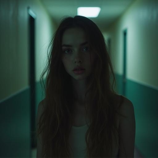 Portrait of a girl biting her lips. Standing in a dark hallway of a psychiatric hospital. Expressions evoke intrigue and emotion.
