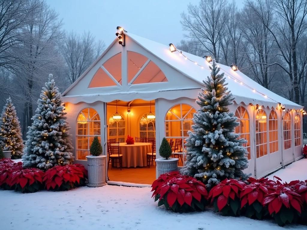 The image depicts a beautifully decorated event tent in a snowy outdoor setting. The tent is illuminated warmly from within, highlighting an inviting atmosphere. Surrounding the tent are lush, snow-covered trees and vibrant red poinsettias. Soft lighting hangs overhead, enhancing the festive mood. This setup suggests a cozy gathering place for winter celebrations. It’s an ideal venue for parties, weddings, or special events during the holiday season.