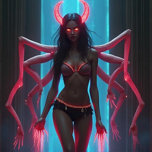 3D fantasy depiction of a demoness with seductive appearance. Features shimmering eyes and a toned torso adorned with glowing runes. Displays multiple limbs like Kali Ma. Velvet shadows enhance the mystique while walking through a mirror portal. Captivating and powerful in dark fantasy context.