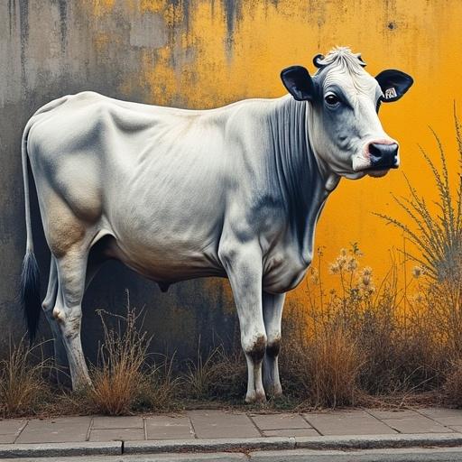 Photorealistic urban background with concrete and brick textures. Warm daylight enhances environmental details. Left wall features abstract graffiti inspired by rural life with cow silhouettes and plant motifs. Includes bold white graffiti-style text saying 'el amor todo lo puede' with 3D effects and defined contours.