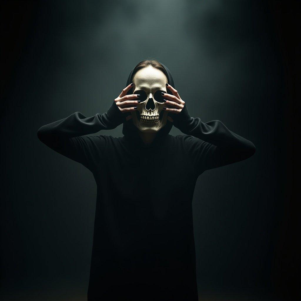 A figure wearing dark clothing holds a skull while stretching their face. A mysterious atmosphere is created with muted colors and dramatic lighting.