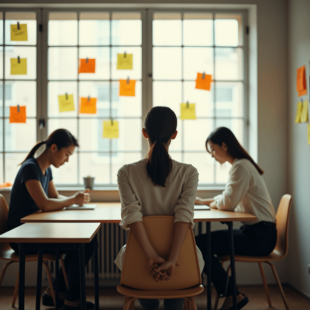 Three women are in a bright office, focused on their tasks, with sticky notes covering the window behind them.