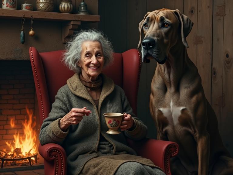 A charming old woman with gray hair wearing winter clothes sits in a red rocking chair. She holds a steaming cup and smiles at a Great Dane beside her. A rustic wall with trinkets is in the background. The scene is warm and inviting, with strong contrasts in light.
