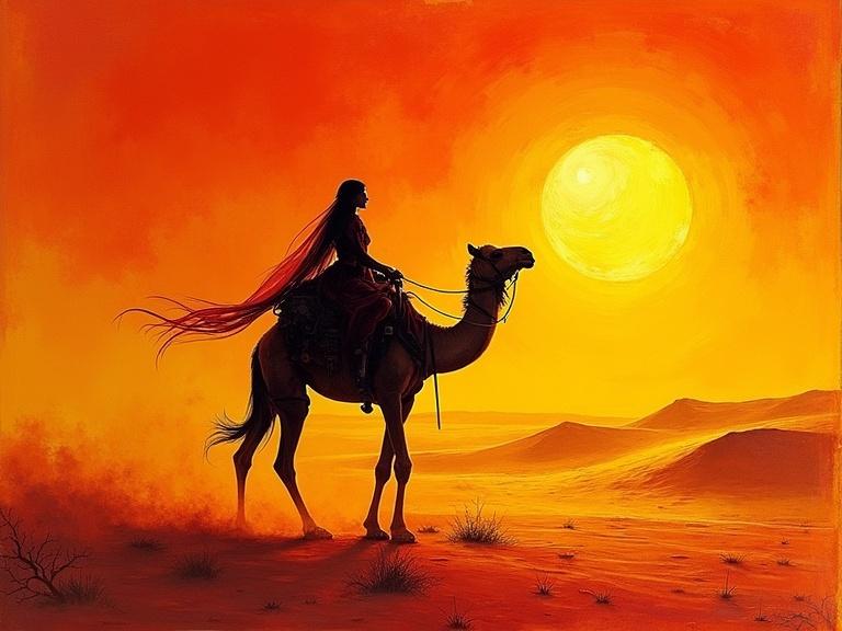 A vibrant sunset in a red and yellow desert. A Bedouin girl rides a camel through a sandstorm. The artwork resembles alcohol ink glasswork. Strong influence from artists like Dan Mumford and Drew Struzan.