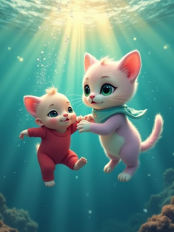 A fluffy anthropomorphic kitten with pastel pink and lavender fur and big green eyes reaches for a sinking human baby underwater. The baby floats in a red outfit. The kitten has a light blue bandana and gently bites the baby’s collar. Bubbles surround them and light breaks through the surface creating a golden beam. The baby’s outfit contrasts with the blue ocean.