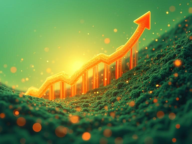 Vector illustration symbolizing digital growth. Graph trends upwards with a glowing arrow. Color palette features orange and green. High-tech visual enhancement.