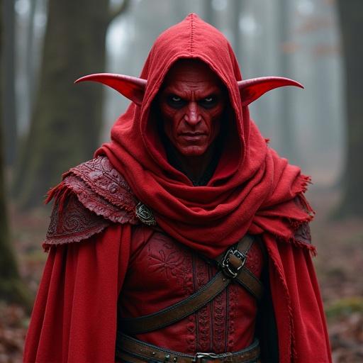 Leader of the red elves characterized by red skin and an evil demeanor, dressed in a red hooded cloak standing in a foggy forest.