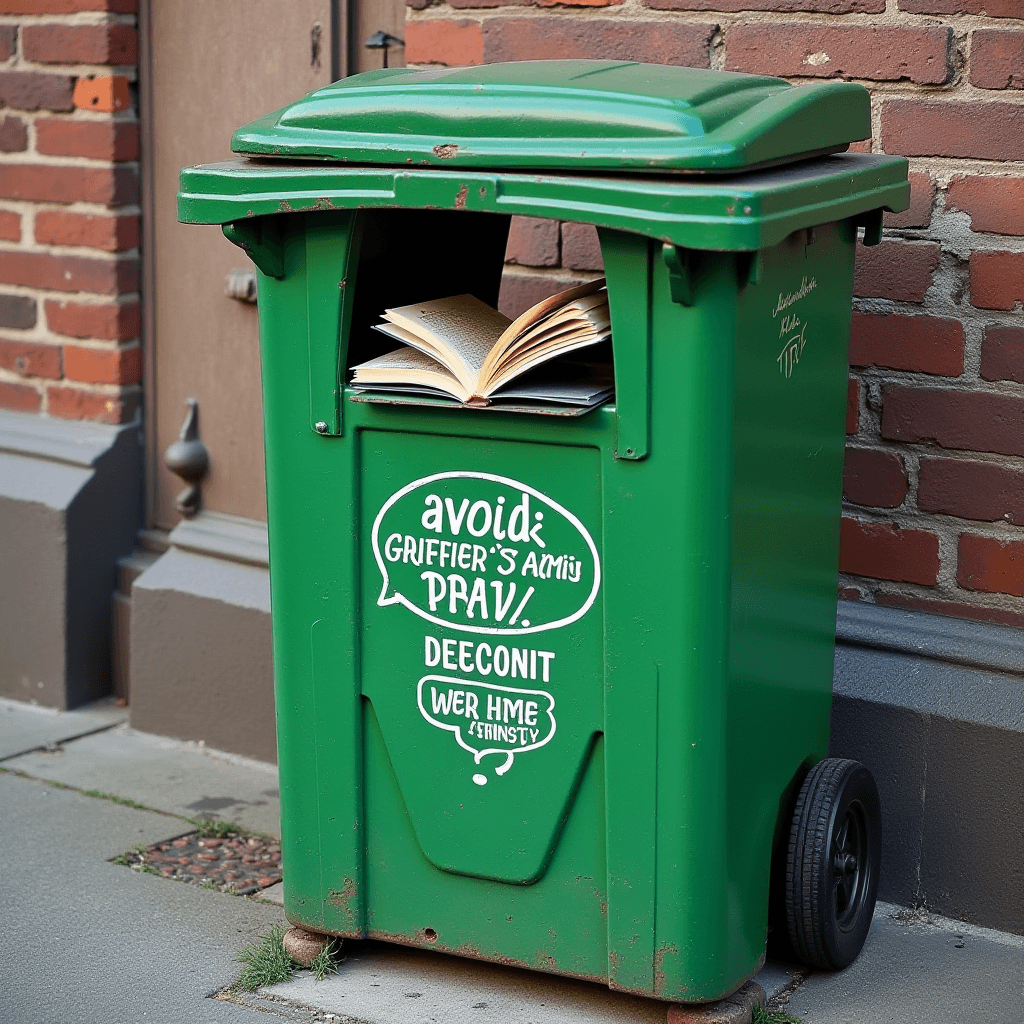 An open book placed inside a green trash bin with graffiti on the streets.