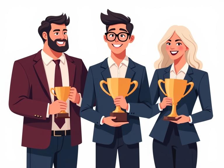 Illustration of three adults standing side by side in professional attire. They are holding trophies and celebrating an achievement. A man on the left with wavy hair holds a small trophy. A man in the center with glasses holds a large trophy. A woman on the right holds a medium-sized trophy. All are smiling as a team. Use rich maroons and navy blues. Background is transparent.