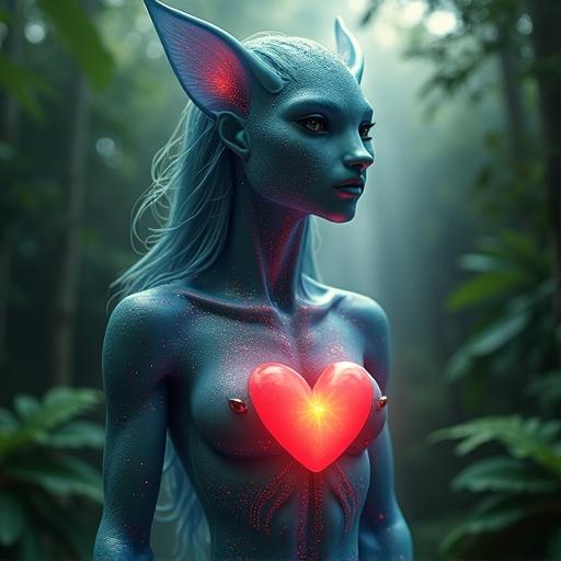 Create an image of a detailed transparent nimph with a heart emoji inside her chest. A jungle waterfall serves as the background.