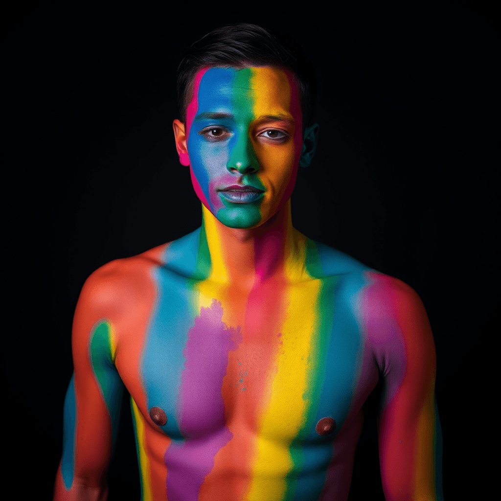 A person with a bare torso adorned in vibrant rainbow paint stands against a dark background.