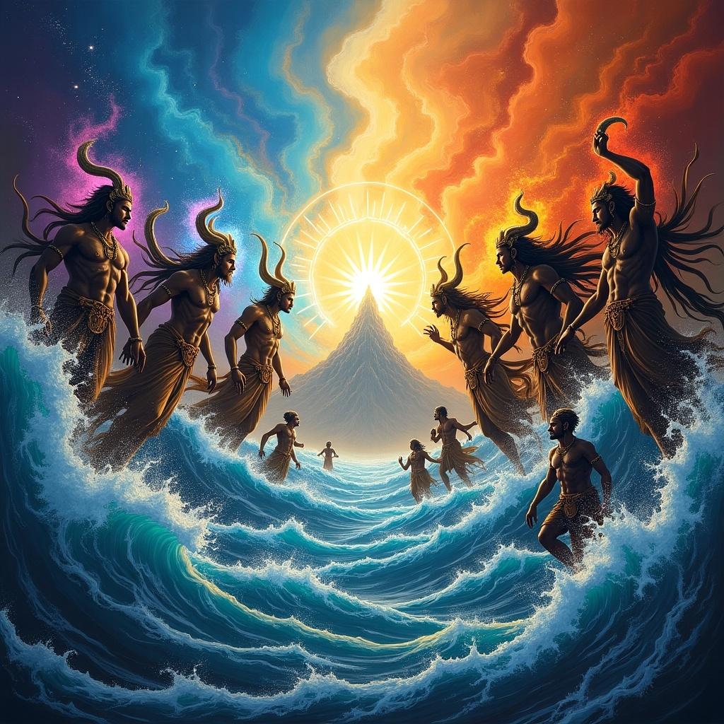 Samudra Manthan depicted with a mountain at the center. Devas on one side and Asuras on the other. Dynamic ocean waves and vibrant sky. Mythological scene full of energy.