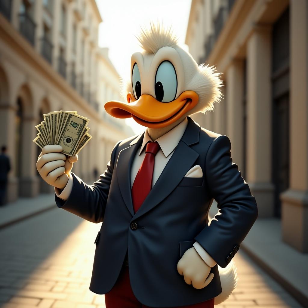 Business suit character holding money on the street. Cartoonish vibe in bright colors. Street style with a focus on wealth.