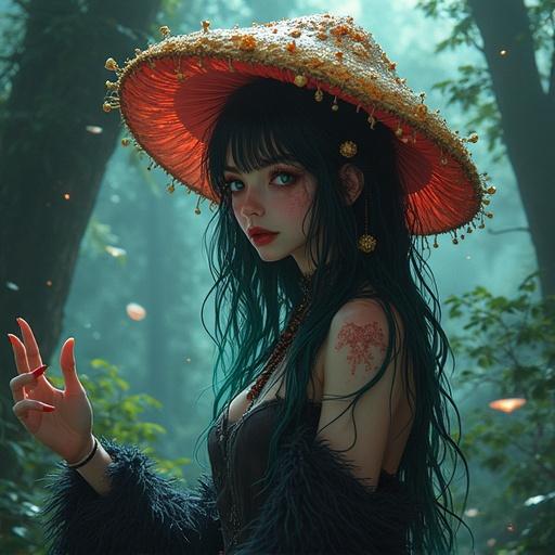 A mystical woman stands in a forest. She wears a wide-brimmed hat adorned with fungi. Dark fantasy anime style. Lush greenery surrounds her. Hair is long and flowing, dark with a green hue. Emphasizes a whimsical yet eerie atmosphere.