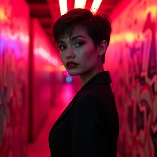 The image shows a young woman in a dark outfit with striking makeup. Neon red and pink lights illuminate the scene. Graffiti decorates the background. The woman's expression is poised and alluring. She has a stylish short haircut and stands as the focal point in the colorful environment.