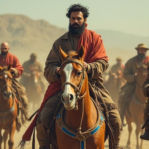 Image depicting a group of horse riders in historical attire in a rugged landscape showcasing cultural and political themes in Balochistan.