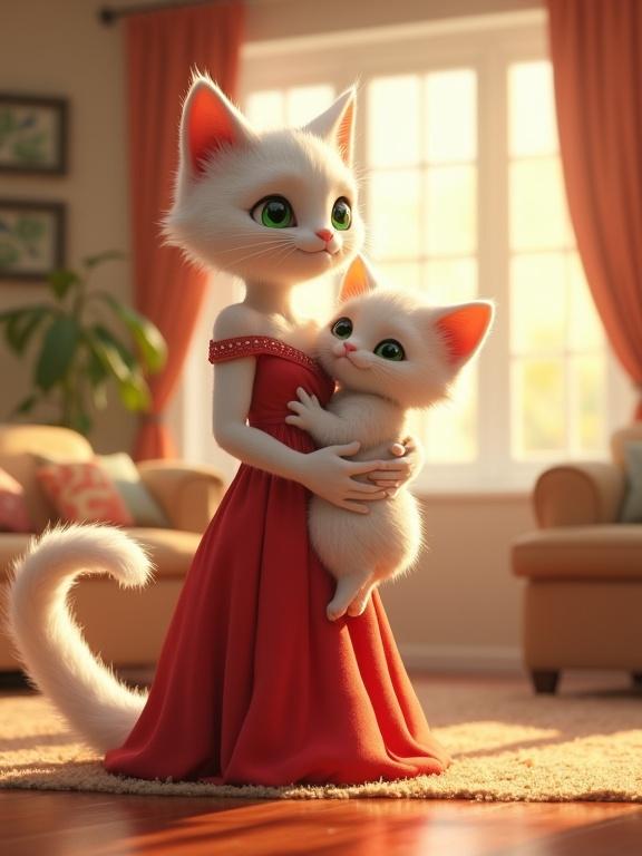 3D Pixar-style scene inside a luxurious living room. Majestic white cat mother with humanoid body stands upright wearing elegant red dress. Long fluffy tail and expressive emerald eyes. Holding two small white kitten children wearing cute baby clothes. All characters have cat heads ears tails and fur but humanlike arms and legs. Sunlight pours through large windows with warm and cinematic lighting and detailed textures. Soft emotional expressions.