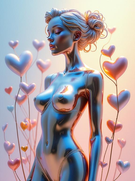 Sleek metallic woman stands proudly on a polished background. Body crafted in blue white orange gold and silver tones. Gold elements have a warm finish. Silver adds a shimmering sheen. Tiny hearts in silver orange pink and gold surround the figure. Background blends pastel colors of blue pink and lilac. Themes of love and joy. Inspired by Japanese Manga and Fantia.