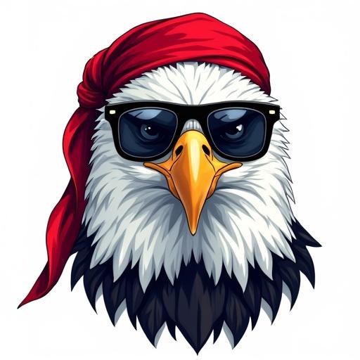 Majestic bald eagle head with black aviator sunglasses and a red Palestinian bandana. Colors in red, white, and blue. Clean 2D vector style with strong black outlines. Plain white background.