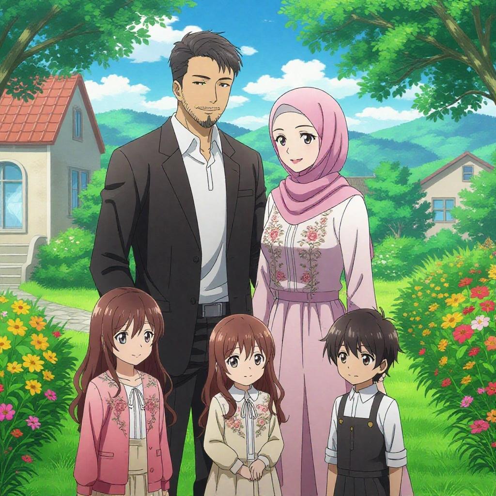 Anime-style family portrait outdoors. Father in black suit and white shirt. Mother in a pink dress and hijab. Three children in colorful outfits. Eldest daughter has long wavy hair. Middle daughter has pigtails. Baby boy sitting in the center. Vivid natural background with green trees and blue sky. Soft lighting and detailed features.