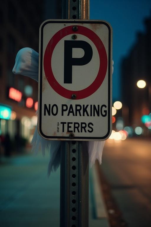 A ghost peeks out from a no parking sign in an urban setting at night. Soft lighting highlights the scene with bokeh from distant streetlights.