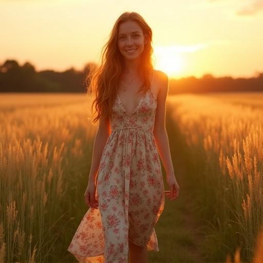 Young woman walks in a meadow at sunset. She wears a floral sundress. Long red hair flows freely. The sunlight glows around her. She looks back and smiles softly. Grass sways in the breeze. The scene feels peaceful and timeless.