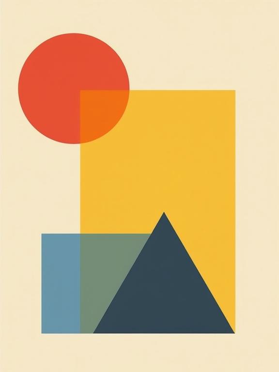 Three basic geometric shapes arranged on a neutral background. Shapes are solid and filled with primary colors. Background has tonal sections for balance. A minimalist style emphasizes form and color relationships.