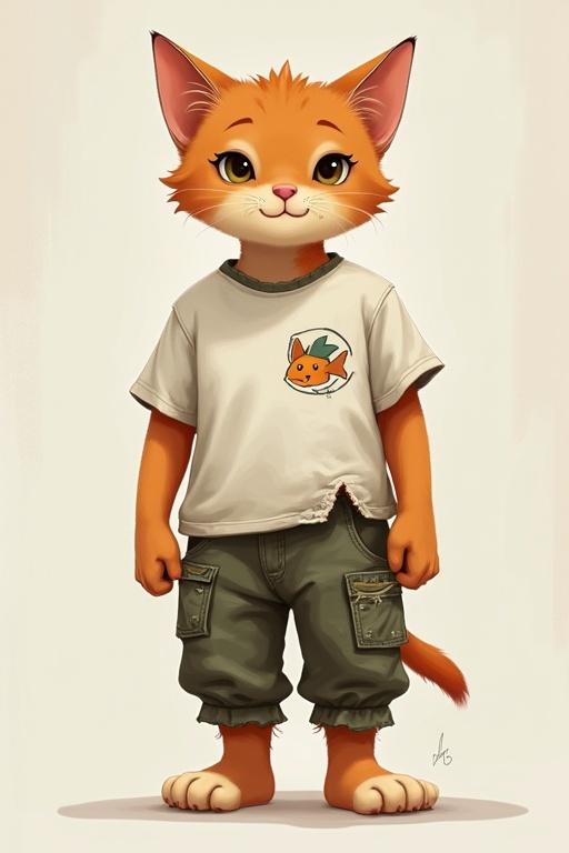 Ginger kitten character in oversized shirt and baggy pants. Shirt has a fish logo and is torn. Pants are made of scrap cloth with patches and a string belt. The kitten has an innocent expression.