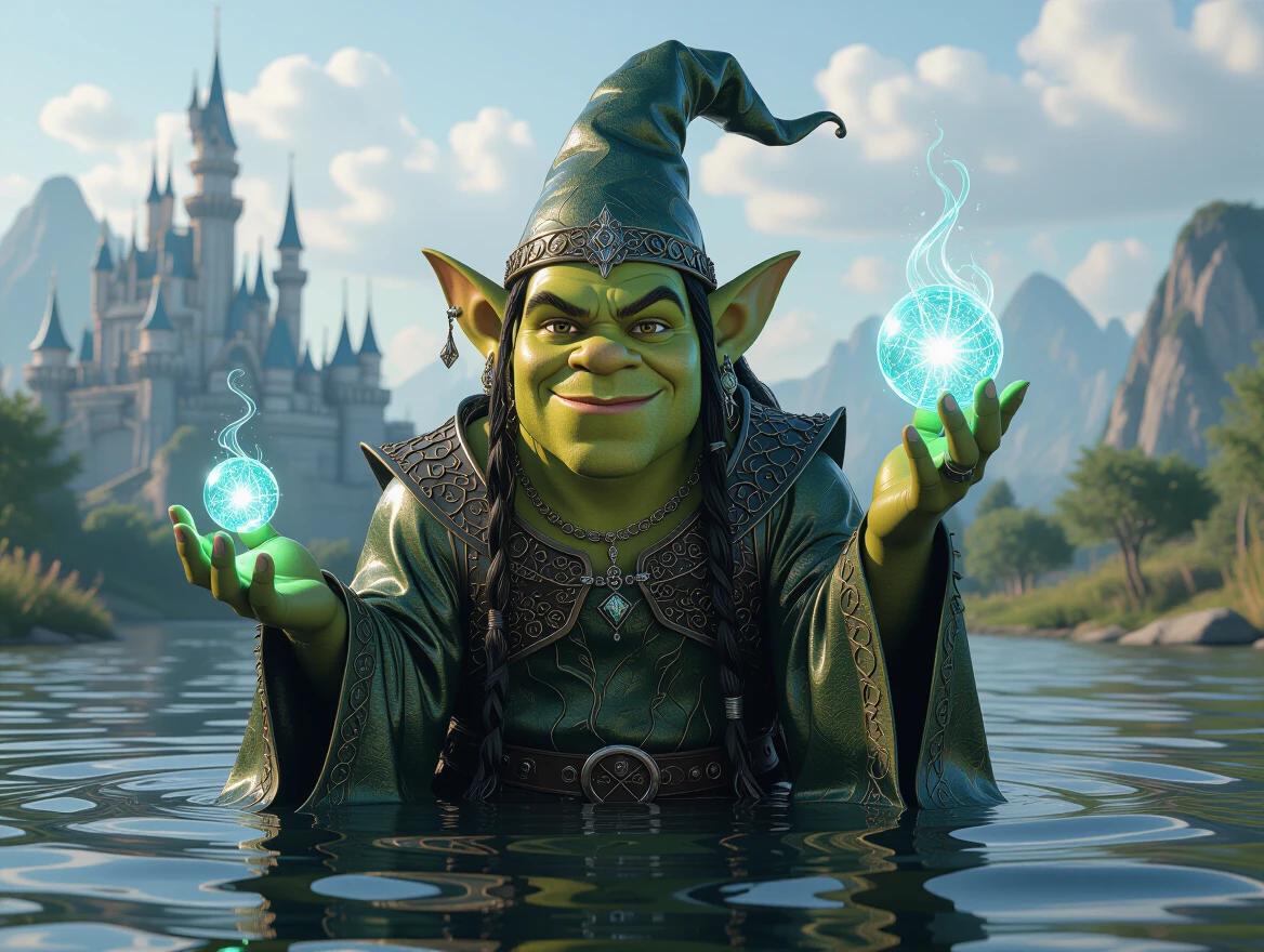 The image depicts a fantasy elf mage in a stylized elven landscape. Mage stands in water, holding two glowing green orbs. Mage wears a detailed robe with metallic accents. Background features a fairy-tale castle and mountains. The entire scene captures a blend of liquid chrome and metallic aesthetics with textured brushstrokes. Magical and mystical atmosphere.