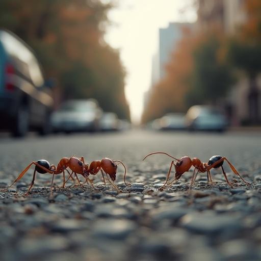 Scene depicting ants moving on a city street showcasing their perspective in an urban environment.