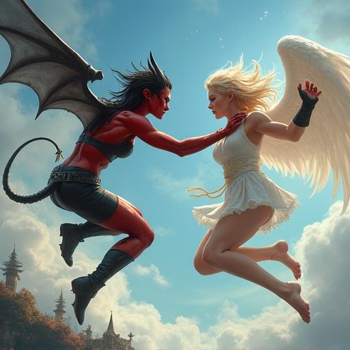 Photorealistic depiction of a fierce battle in the sky between a female demon with athletic build and a female angel. The demon has red and black skin with yellow eyes and a tail. The angel has bright blue eyes and a voluptuous form. Each character wields a weapon. Background features a fantasy landscape.